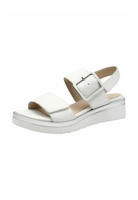 Sandale blanche avec une tige en cuir lisse, une large bride réglable avec une grande boucle et une semelle plateforme rembourrée.