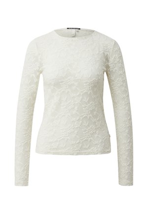 Langsmouwens witte top met textuur van bloeiende kant, ronde halslijn en aansluitende vorm. Voorzien van een subtiel patroon met een gladde stofafwerking.