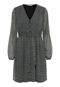 Robe noire avec un col en V, des manches longues transparentes et un motif floral. Elle présente une taille cintrée avec un lien et une patte de boutonnage à l'avant.