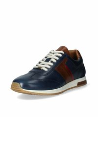 Sneaker in pelle blu navy con dettagli marroni, pannelli laterali testurizzati, lacci beige e suola in gomma, caratterizzata da un design sportivo e punta arrotondata.