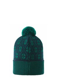 Zielona i ciemnoniebieska dziergana czapka z geometrycznymi wzorami, z teksturowanym prążkowanym paskiem i puszystym pomponem na czubku.
