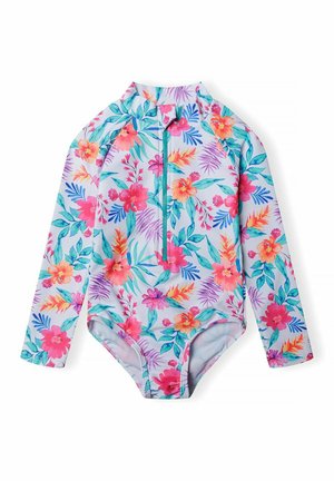 Maillot de bain à manches longues à motif floral avec un fond bleu clair et des motifs tropicaux vibrants en rose et vert ; comprend une fermeture éclair à l'avant.