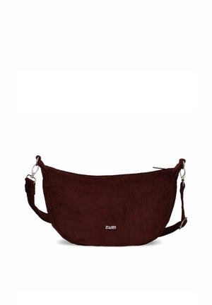 Dark red corduroy crescent-shaped crossbody bag with adjustable strap and silver hardware, featuring small "zwei" logo on front.