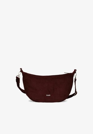 Dark red corduroy crescent-shaped crossbody bag with adjustable strap and silver hardware, featuring small "zwei" logo on front.