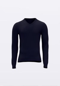 Džemper mornarsko plave boje s V-izrezom, izrađen od mekog pletenog materijala. Ima duge rukave, rebraste manžete i donji rub, glatku teksturu i prijanjajući kroj.