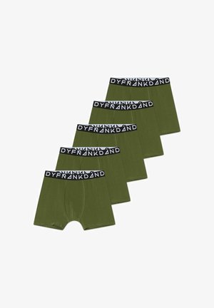 Zestaw pięciu zielonych bokserek wykonanych z miękkiej tkaniny, z czarnym paskiem w talii z białym napisem logo. Klasyczny prosty krój.