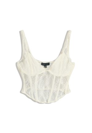 Top corsetto in pizzo cropped color avorio con spalline sottili regolabili, caratterizzato da motivi floreali e un design strutturato con un bordo scallop.
