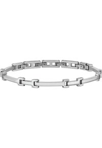 Pulsera de acero inoxidable plateado con enlaces rectangulares entrelazados, acabado pulido y bordes suaves. Ajustable para diferentes tamaños de muñeca.