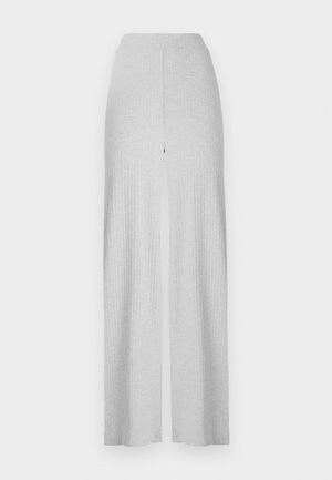 Lys grå ribbede bukser med vide ben, høy midje og en splitt foran. Laget av myk stoff med en glatt tekstur.