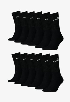 Schwarze Baumwollsocken mit gerippter Textur, die ein weißes Logo nahe der Oberkante aufweisen. Verkauft in einem Paket mit zwölf, alle mit identischem Design.
