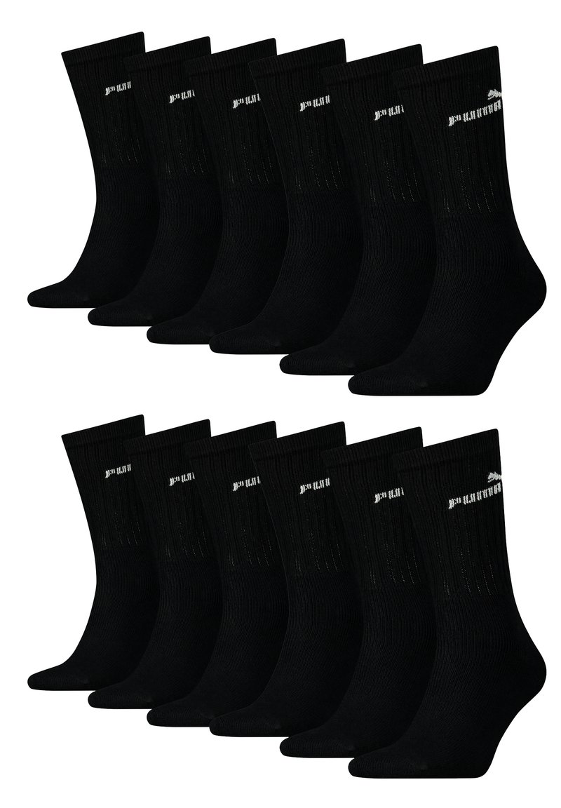 Schwarze Baumwollsocken mit gerippter Textur, die ein weißes Logo nahe der Oberkante aufweisen. Verkauft in einem Paket mit zwölf, alle mit identischem Design.
