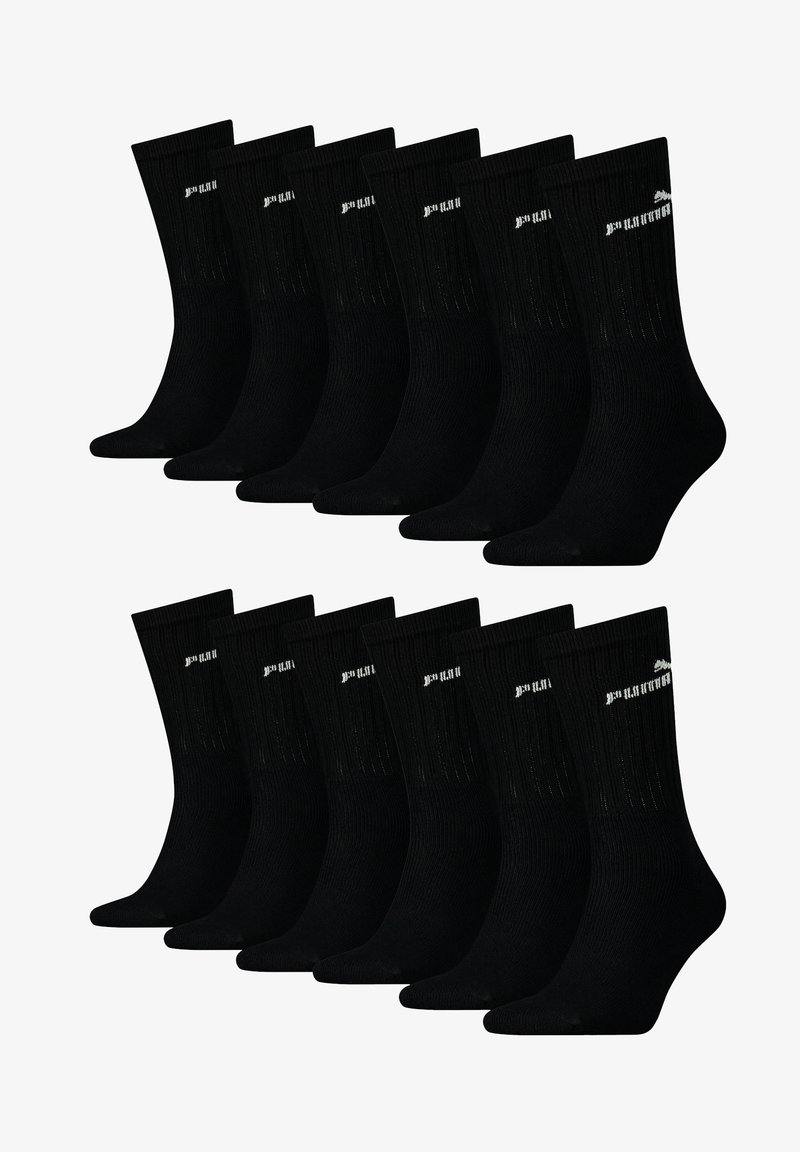 Schwarze Baumwollsocken mit gerippter Textur, die ein weißes Logo nahe der Oberkante aufweisen. Verkauft in einem Paket mit zwölf, alle mit identischem Design.