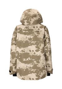 Beige ja tan aikakuvioitu takki hupulla, valmistettu tekstuurikankaasta. Takana musta yksityiskohta ja säädettävät hihansuut.