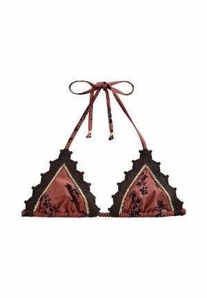 Dreieckiges Bikinioberteil in staubigem Rosé mit schwarzem Blumenmuster, schwarzem Häkelbesatz, goldenen Perlen und Neckholder-Bindung.