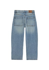 Helesinised teksapüksid lõdva lõikega, kõrge vöökohaga, kaheteist tagataskuga ja vöökohal nahast sildiga.