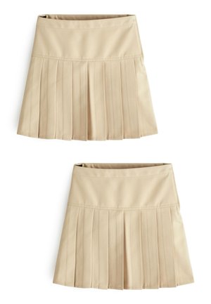 Beige geplooide rok met een gladde tailleband, gemaakt van lichtgewicht stof. Heeft scherpe plooien en een eenvoudig ontwerp zonder versieringen.
