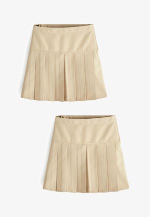 Gonna beige plissettata con una cintura liscia, realizzata in tessuto leggero. Presenta pieghe a coltello e un design semplice senza decorazioni.