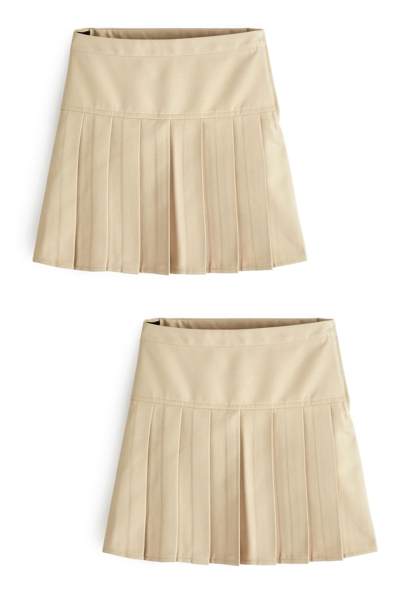 Gonna beige plissettata con una cintura liscia, realizzata in tessuto leggero. Presenta pieghe a coltello e un design semplice senza decorazioni.