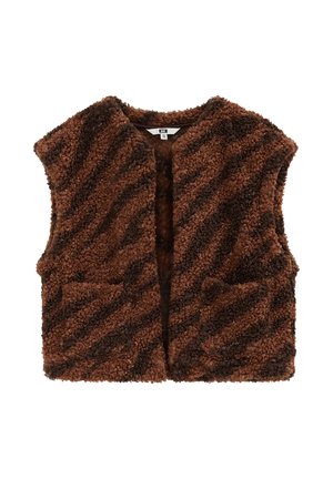 Gilet sans manches marron et marron foncé pelucheux avec deux poches avant et un motif rayé texturé.