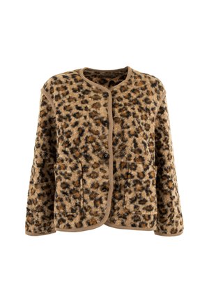 Giacca in pile con stampa leopardata, con bottoni, maniche lunghe e due tasche frontali, rifinita in beige uniforme.