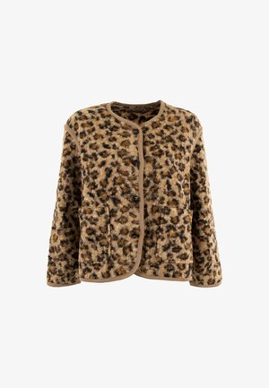 Giacca in pile con stampa leopardata, con bottoni, maniche lunghe e due tasche frontali, rifinita in beige uniforme.