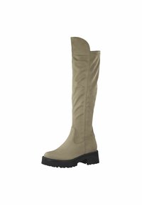 Knee-high boots in light beige suede, featuring a rounded toe, a chunky black sole, and a smooth texture with a folded top design.