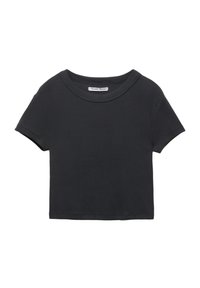 Zwarte cropped t-shirt gemaakt van ribbelstof. Heeft een ronde halslijn en korte mouwen. Eenvoudig ontwerp zonder patronen of accenten.