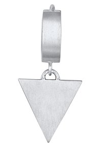 Silverpendantörhänge med en texturerad, triangulär form som hänger från en slät, rund ring. Matt yta med minimalistisk design.