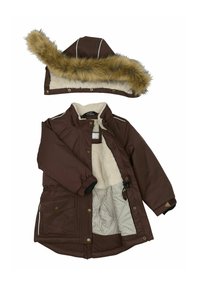 Ruda izoliuota striukė su kailiu apjuostu gobtuvu, užtrauktuku, elastiniais rankogaliais ir šoniniais kišenėmis; viduje yra fliuso pamušalas ir dryžuotas raštas.