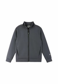 Gray zip-up jacket made of smooth fabric featuring a stand collar, side pockets, and ribbed cuffs. Includes logo detail on sleeve.