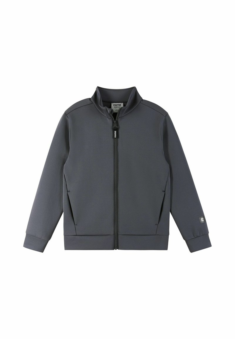 Gray zip-up jacket made of smooth fabric featuring a stand collar, side pockets, and ribbed cuffs. Includes logo detail on sleeve.