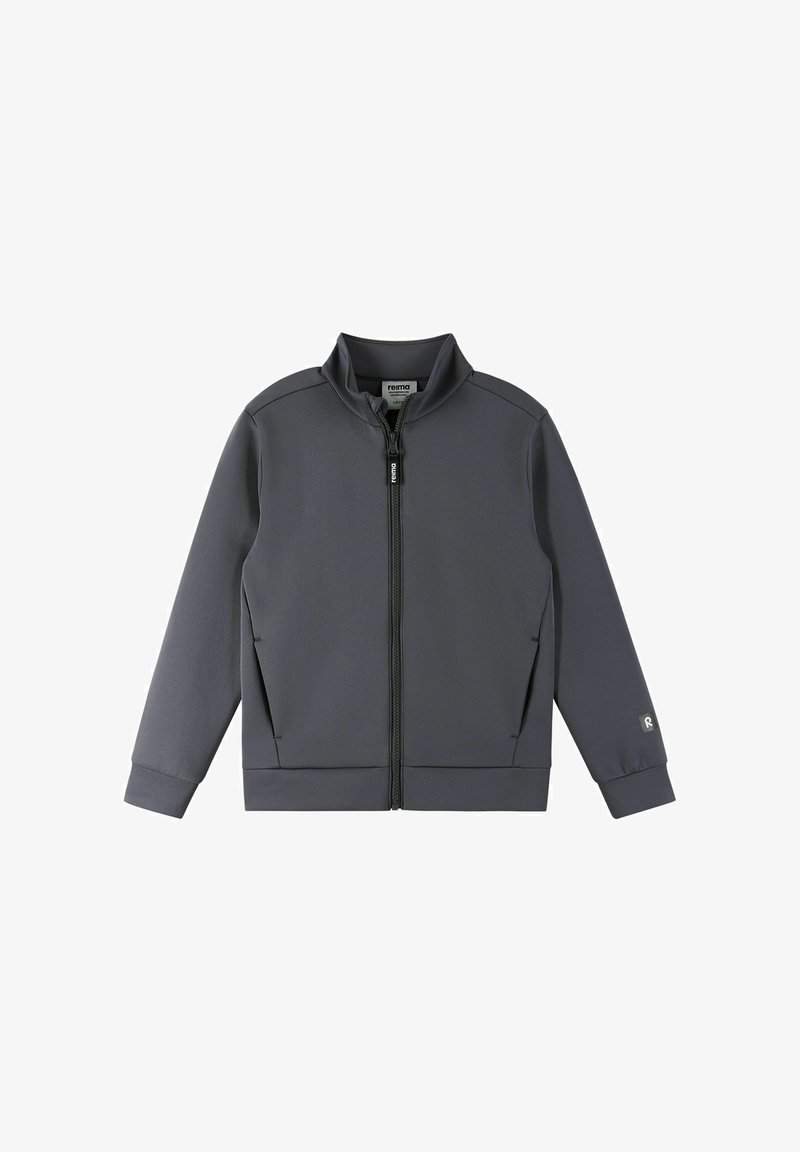 Gray zip-up jacket made of smooth fabric featuring a stand collar, side pockets, and ribbed cuffs. Includes logo detail on sleeve.