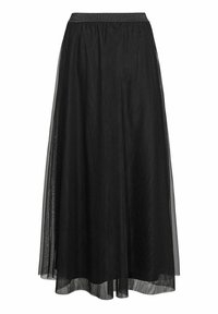 Jupe midi noire avec une couche extérieure transparente et une ceinture élastique avec un subtil détail scintillant.