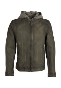 Herren-Lederjacke in Olivgrün mit grauem Kapuze, Reißverschluss, seitlichen Taschen und glatter Textur in taillierter Passform.