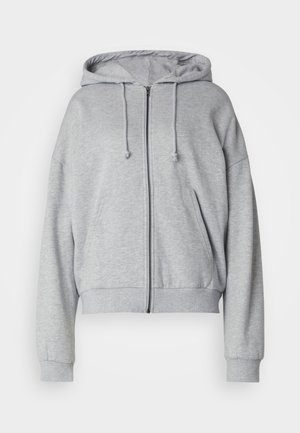 Grijze hoodie met rits, met een trekkoord kap, relaxte fit, zijzakken, ribgebreide boorden en onderrand, gemaakt van zachte, vochtafvoerende stof.