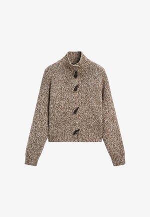 Bruine en witte gemarmerde gebreide cardigan met hoge kraag en vier donkere toggles aan de voorkant, lange mouwen en geribde manchetten en zoom.