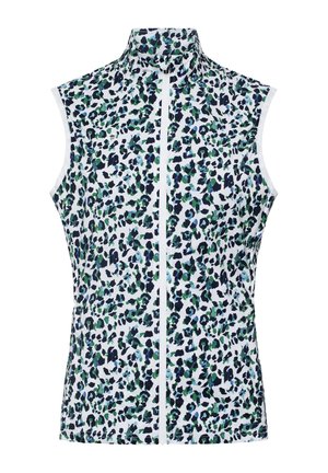 Bez rękawów kamizelka z zielonym, niebieskim i czarnym wzorem w panterkę na białym tle. Wysoki kołnierz i zamek błyskawiczny z przodu. Elastyczna tkanina.