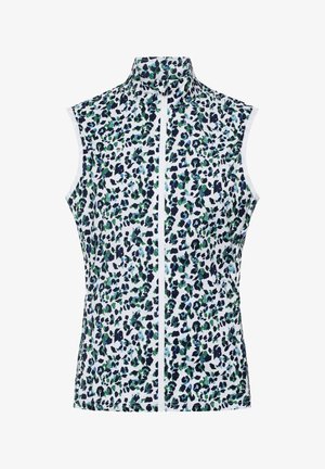 Bez rękawów kamizelka z zielonym, niebieskim i czarnym wzorem w panterkę na białym tle. Wysoki kołnierz i zamek błyskawiczny z przodu. Elastyczna tkanina.