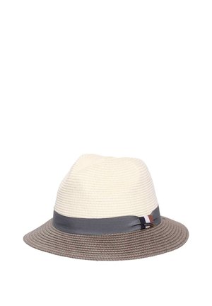 Two-tone fedora hat with light beige crown, gray brim, and gray band featuring a small fabric accent on the side.