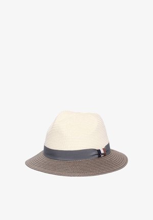 Two-tone fedora hat with light beige crown, gray brim, and gray band featuring a small fabric accent on the side.