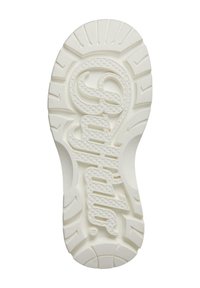 Suela de zapato de goma blanca con patrón de agarre texturizado y marca en relieve. Presenta bordes redondeados y surcos definidos para una mejor tracción.