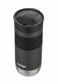 Czarny stalowy kubek termiczny z teksturowanym czarnym silikonowym paskiem i pokrywką na przycisk ułatwiającą picie. Logo "Contigo" z przodu.