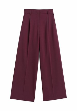 Maroon wide-leg trousers with a tailored design, featuring front pleats, a smooth texture, and belt loops at the waist.