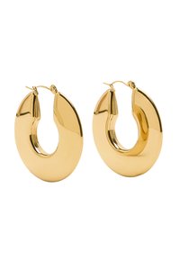 Złote kolczyki w kształcie dużych, owalnych obręczy o polerowanym wykończeniu i małym zawiasie do zamykania.