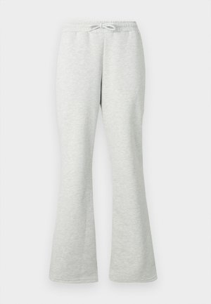 Pantalon de survêtement gris clair avec taille élastique et cordon de serrage, jambes droites, et tissu en coton doux.