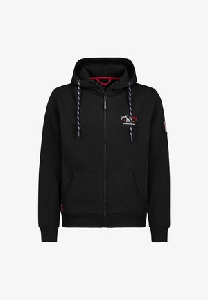 Black zip-up hoodie with a hood, two front pockets, contrasting red inner lining, and drawstrings with a checkerboard pattern. Features logo embroidery.