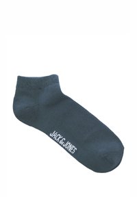 Enkelsok in donkerblauwe katoen met een geribde boord. Voorzien van wit "JACK & JONES" logo aan de buitenzijde. Soepele textuur en naadloos ontwerp.