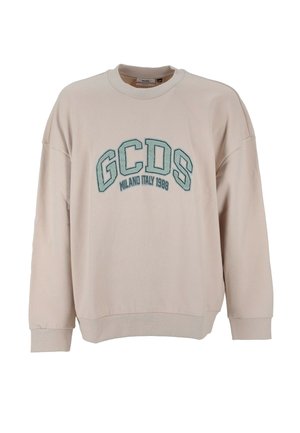 Beżowa bluza z okrągłym dekoltem, z prążkowanymi ściągaczami na rękawach i u dołu, z dużym zielonym napisem "GCDS" i napisem "Milano Italy 1988" poniżej na przodzie.