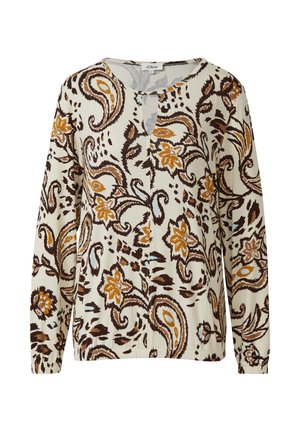 Pika-sleeve kooreblus kreemjas värviga, millel on pruunid ja sinepikollased lille- ja paisleemustrid, võtmeaugu kaelus ning elastsed mansetid ja ääred.