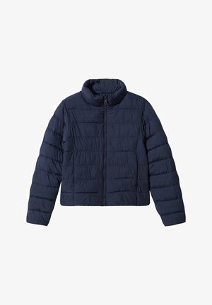 Chaqueta acolchada azul marino con cuello alto, cierre de cremallera y diseño acolchado. Presenta mangas largas y silueta corta. Textura suave.